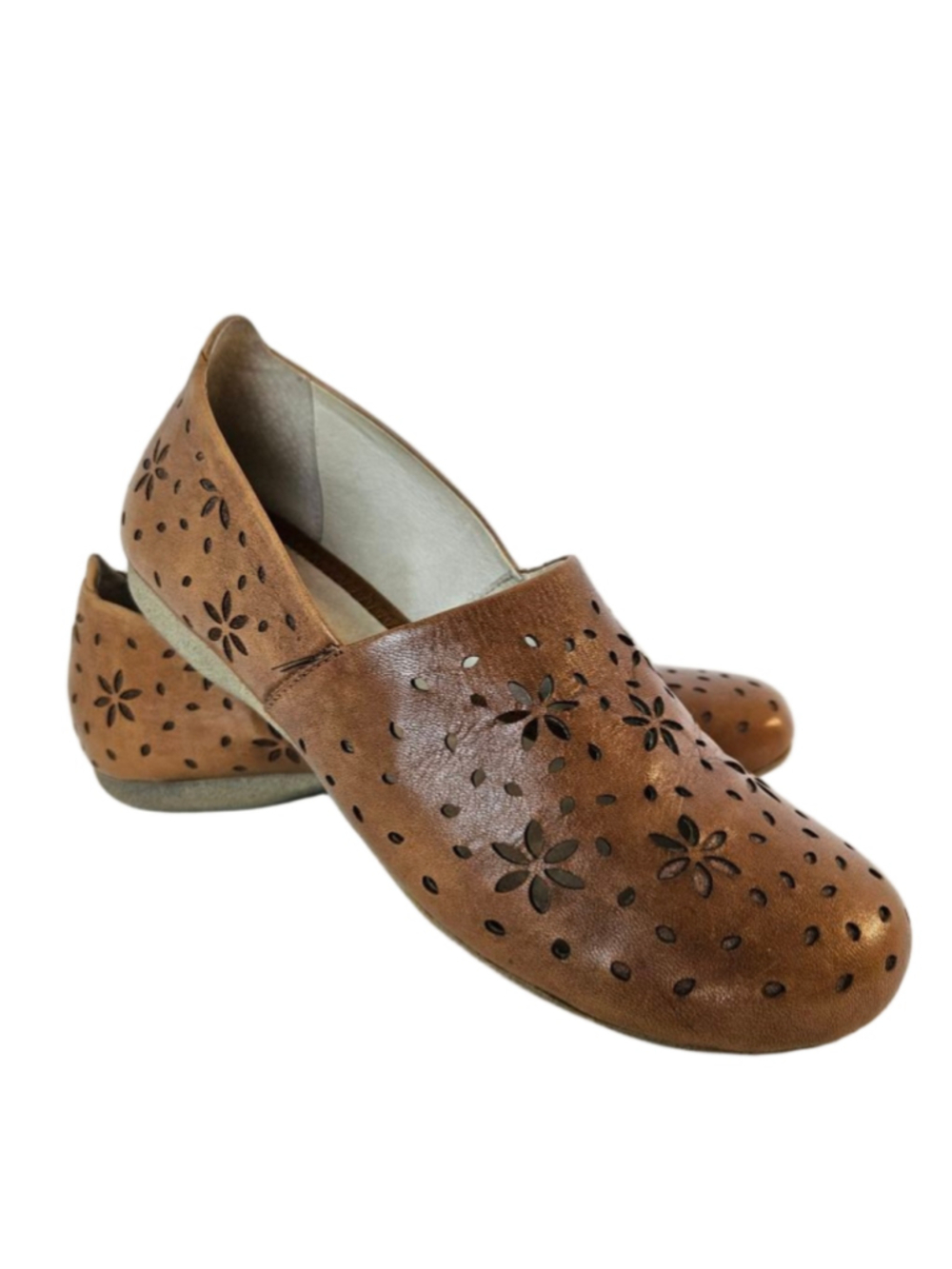 Josef Seibel Brown Leather Floral Perforated Slip On Flats Size 37 Boho European